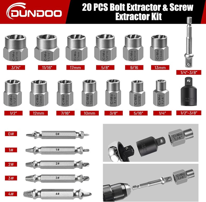 DUDDOO 20PCS Bolt Extractor Set, Easy Out Screw Extractor Kit, 3/8" Drive Impact Stripped Bolt Remover Extractor Socket Set Tool for Removing Stripped, Broken Rusted Bolts Screws - Image 2